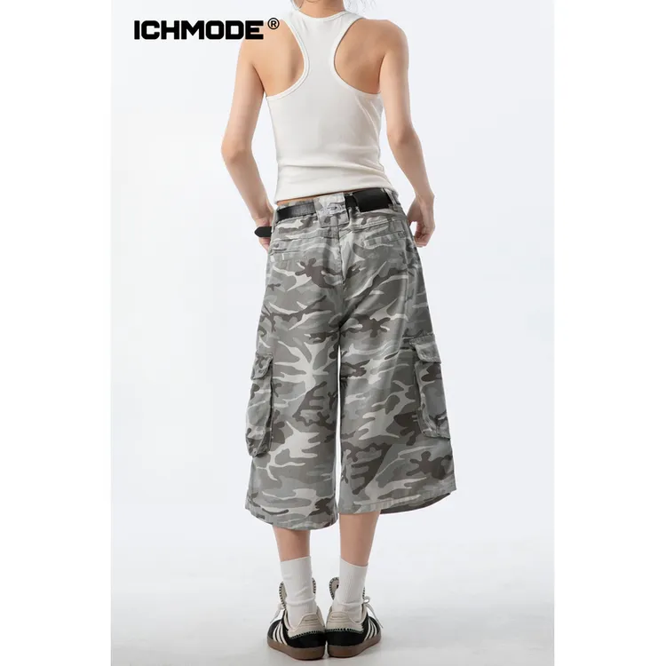 ICHMODE美式迷彩休闲裤女夏七分工装裤宽松运动直筒通勤纯欲慵懒