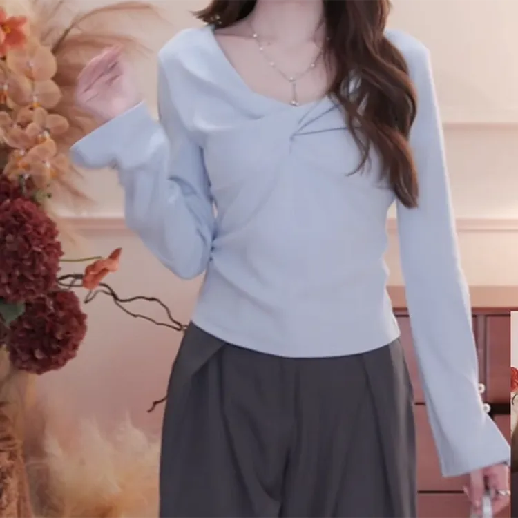 蓝色纽结正肩长袖t恤女设计感小众修身上衣C6310