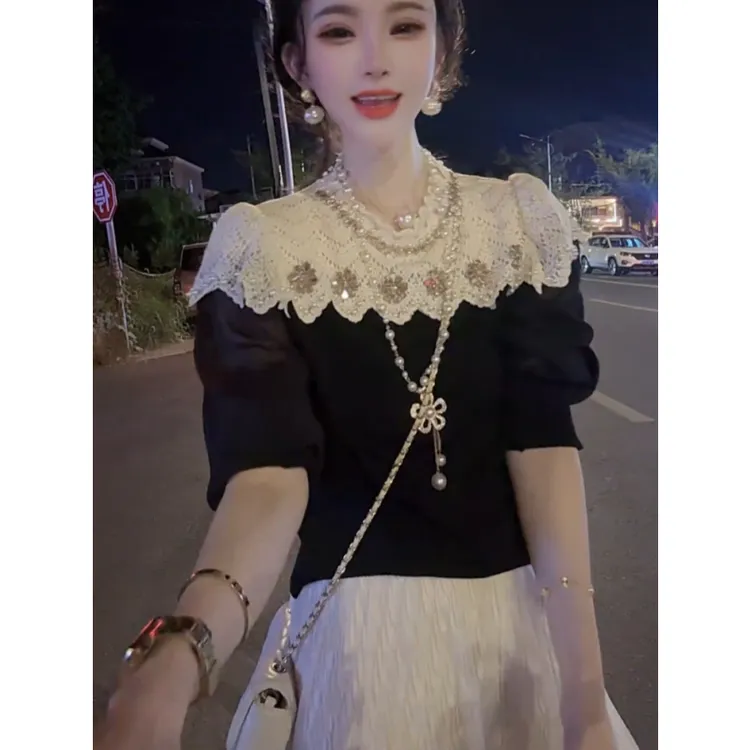 2025秋季网红新款时尚小衫女法式名媛风重工钉珠蕾丝拼接显瘦上衣