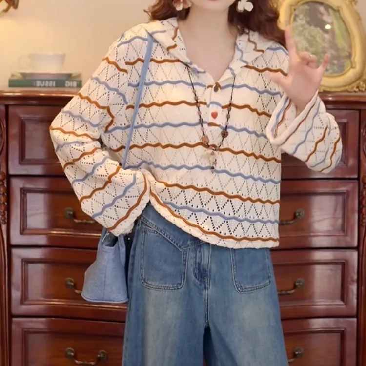 【波光映彩】韩系新款复古条纹连帽百搭休闲针织上衣LK2506011