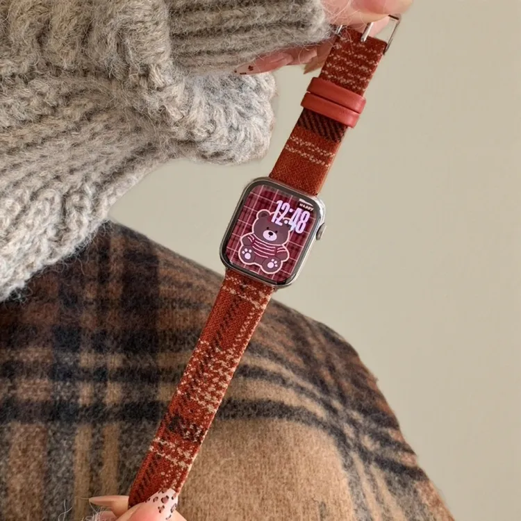 适用苹果iWatch复古毛呢绒毛细格纹秋冬感苹果手表表带女冬日腕带