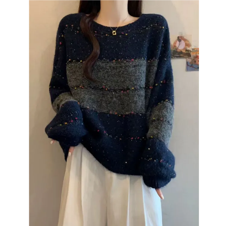 亮片拼色针织衫女长袖秋装新款时尚洋气宽松慵懒风套头上衣1387