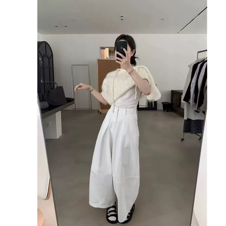 2025纯棉新款灯笼裤花苞女裤子女高腰显瘦九分裤休闲裤白色阔裤