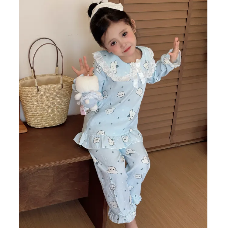 儿童睡衣女中大小童春秋季长袖蕾丝公主领花边韩版洋气家居服套装