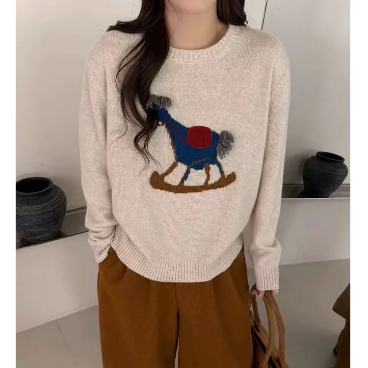 MEIZHENZI【圣诞小马】绵羊毛+羊驼毛|冬季氛围感毛衣女宽松针织衫