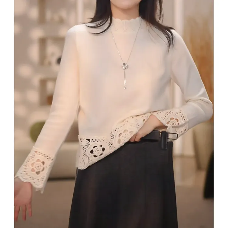 重工钩花镂空慵懒感长袖针织衫2025秋冬新款小众设计感百搭打底衫