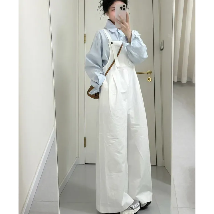 时尚衬衫背带裤套装女小个子2025春秋新款工装牛仔背带裤两件套