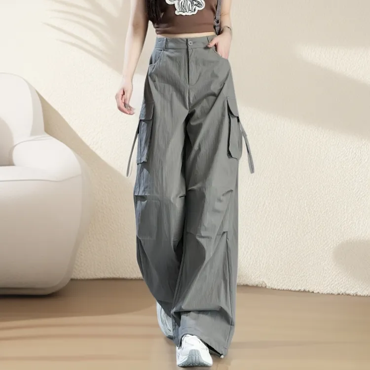 灰色美式束脚工装裤女款2025新款秋款高腰直筒阔腿裤女休闲伞兵裤