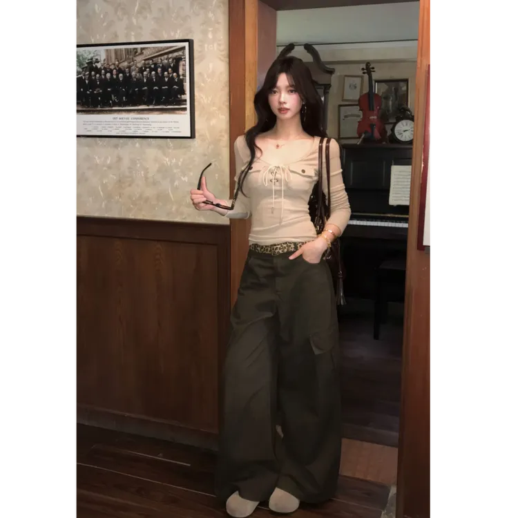 【伦敦周】秋冬甜辣U领系带纯欲风显瘦修身T恤阔腿工装裤套装X11380