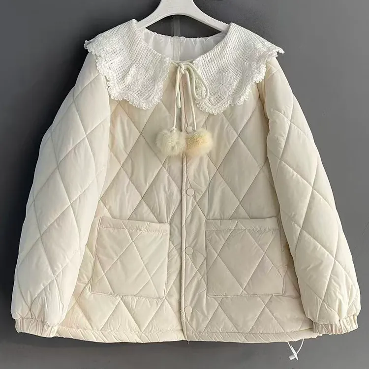 娃娃领拼接厚款保暖长袖短款棉衣外套棉服休闲加厚宽松上衣女款