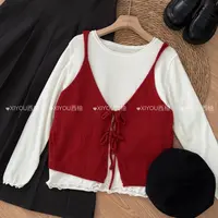 时尚套装女十三行韩系减龄设计感吊带背心马夹木耳边打底衫两件套