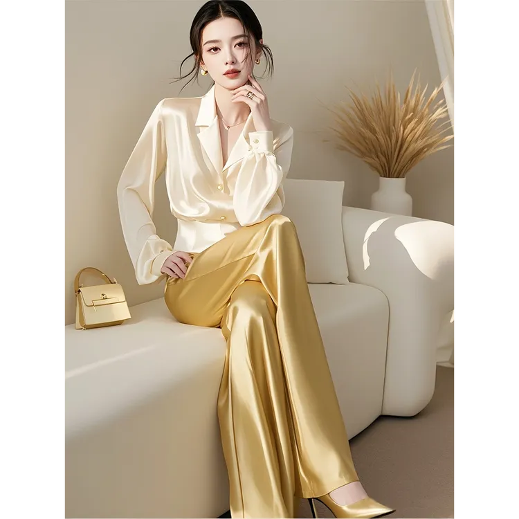 秋季2024新款漂亮女装高端时尚职业小香风杏色缎面衬衫阔腿裤套装