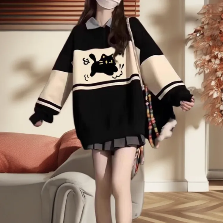 美式复古拼色半拉链小猫卫衣女春秋宽松慵懒学院风百搭polo领上衣