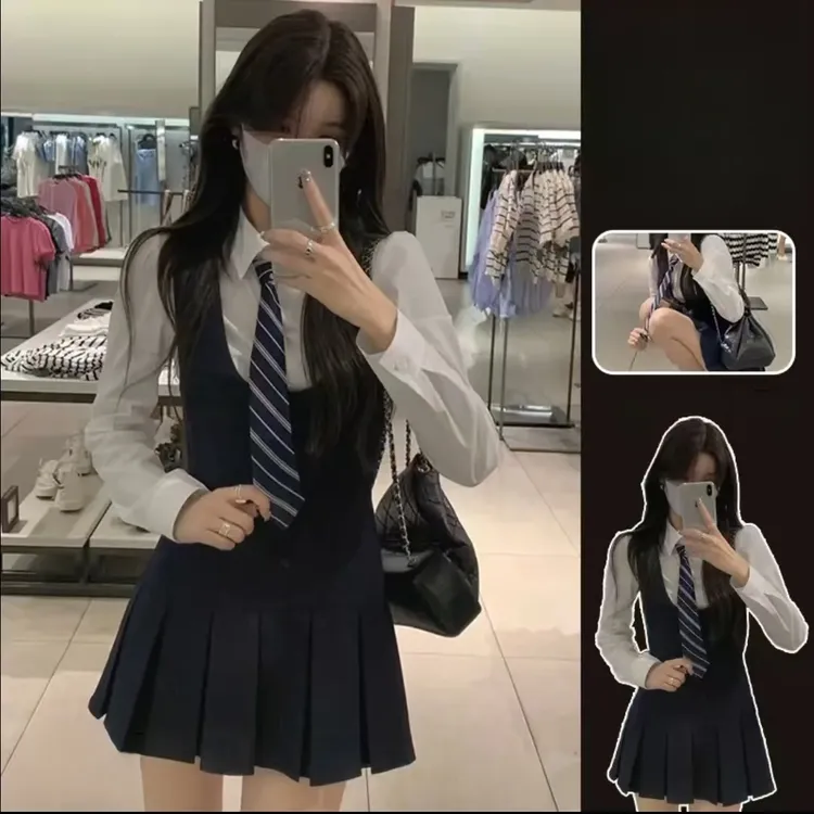韩系学院风POLO领长袖衬衫收腰显瘦百褶连衣裙时尚套装