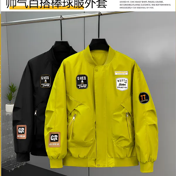 加大码潮牌贴标重工刺绣夹克男士秋季新款宽松棒球服外套流光风
