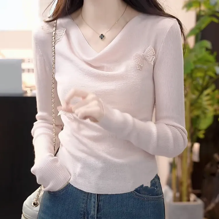 荡领针织衫女2025年新款春季法式设计感气质修身显瘦打底上衣