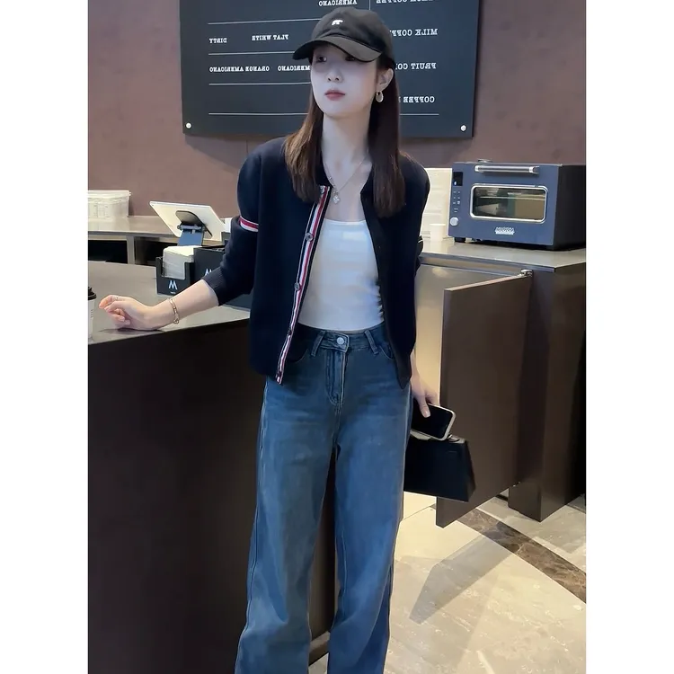 2025春款新款600G设计感双袖撞色条纹立领针织开衫女气质上衣短