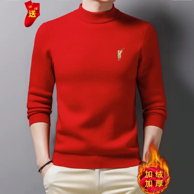 莱蒙璀本命年加绒加厚大红色毛衣男2026马年新款小马针织衫过年