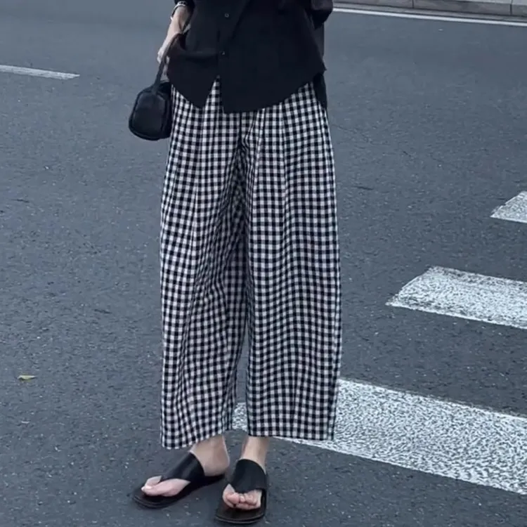 爆款韩版新款格子休闲裤女胖妹妹mm宽松显瘦高腰阔腿九分裤子女款