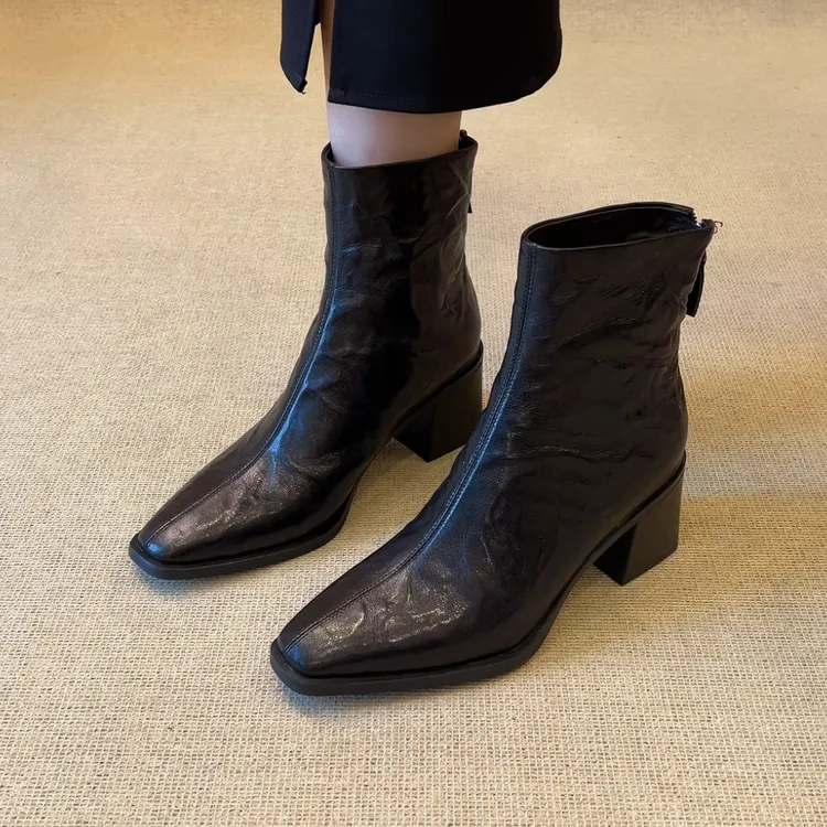 RubyL/6.5cm小个子简约复古百搭通勤后拉链方头粗跟瘦瘦靴女款