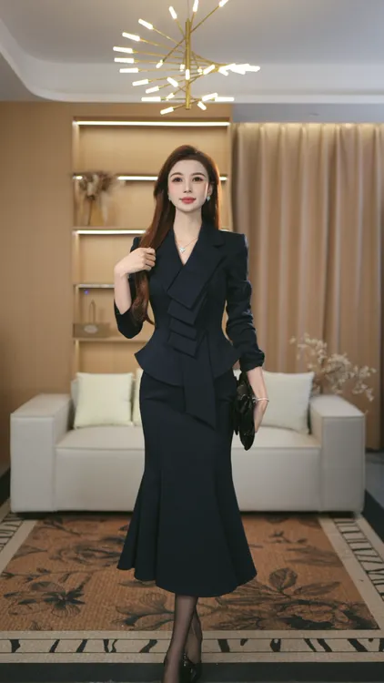 罗曼定制 高定原创深蓝收腰上衣女2025+鱼尾裙时尚秋气质高级套装