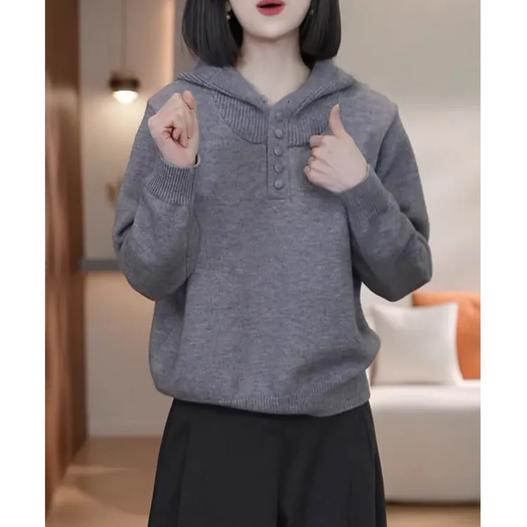 【加厚连帽】老钱风灰色连帽针织衫女宽松高级感毛衣内搭打底上衣