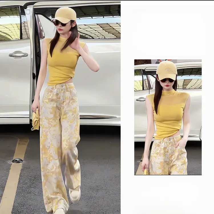 多巴胺时尚套装女2025夏季新款时髦洋气无袖上衣高腰阔腿裤两件套