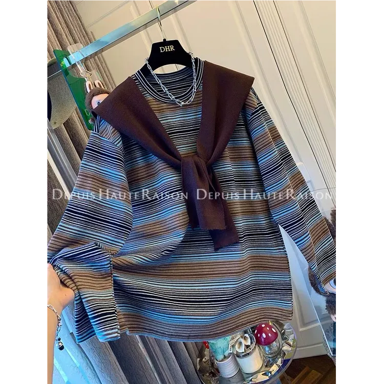 300斤大码撞色条纹针织披肩t恤两件套男女韩版复古春秋季长袖上衣