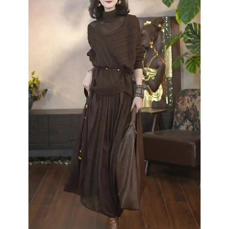 高级感时尚轻奢套装裙女2025春秋新款气质镂空长袖针织衫+半身裙