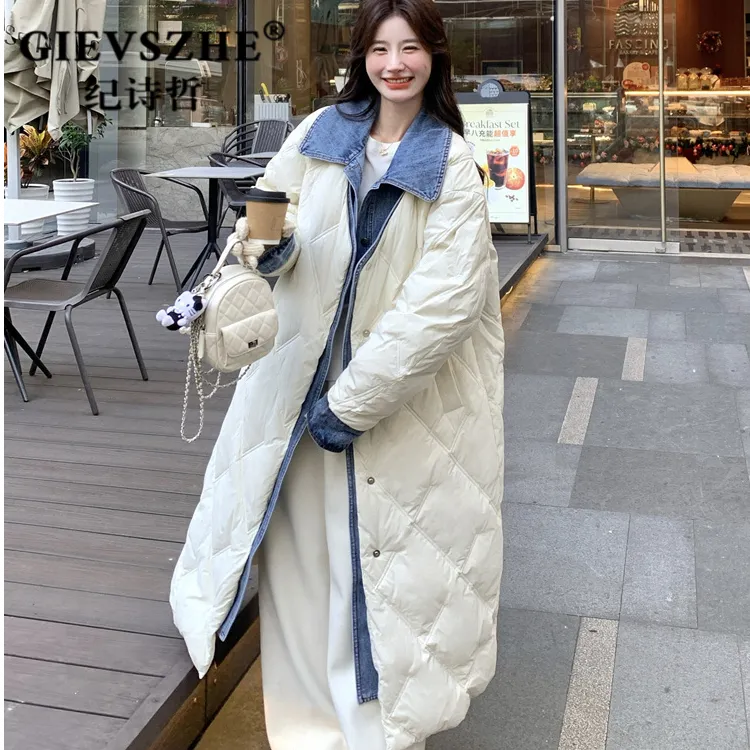 纪诗哲设计感假两件菱格白鸭绒羽绒服女冬季新款长款过膝加厚外套
