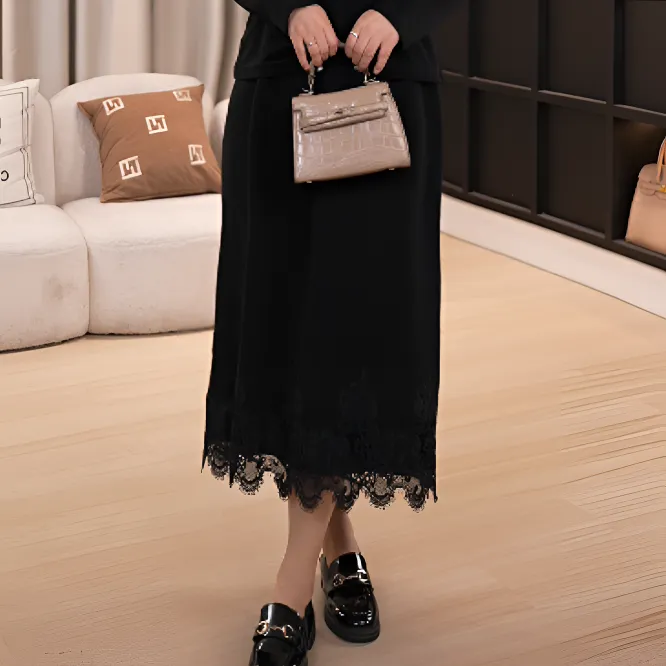 伊自尚大码胖mm秋季气质高腰时尚中长款蕾丝显瘦半身裙14057