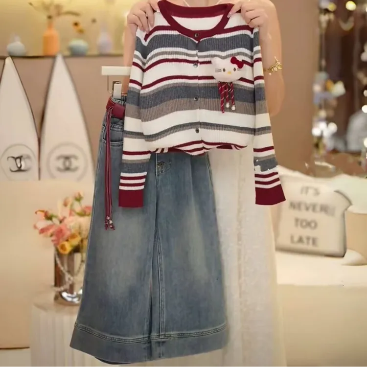 【现货】女童2025秋季新款中大童百搭条纹开衫牛仔裤套装韩版两件套