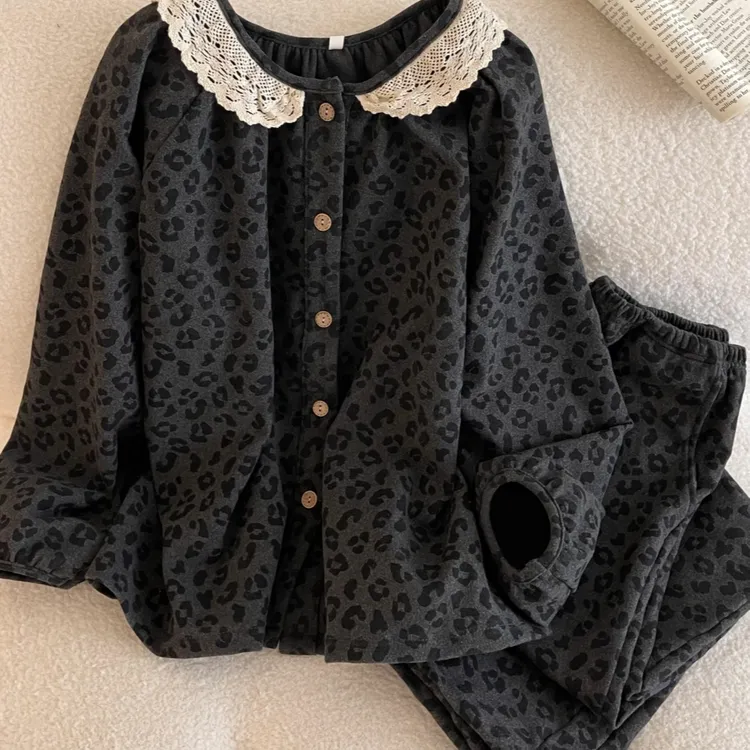 【初沁枫】轻奢气质豹纹开衫睡衣女款爆款2025新款秋冬季蕾丝家居服