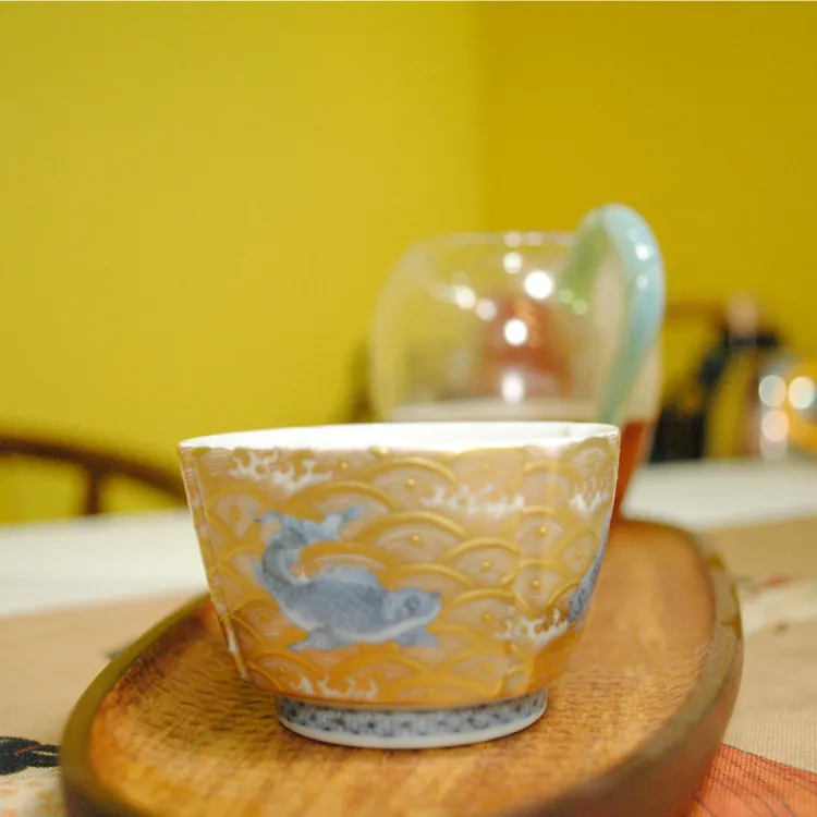 美宣美瓷青花描金四方委角五鱼杯茶杯主人杯