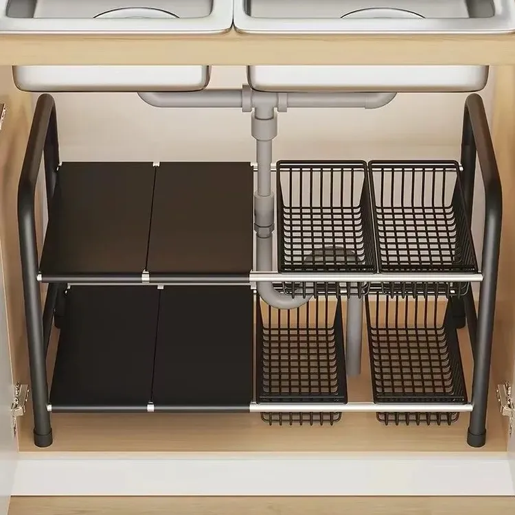 厨房置物架可伸缩下水槽橱柜内分层放锅架锅具多功能柜子收纳架子