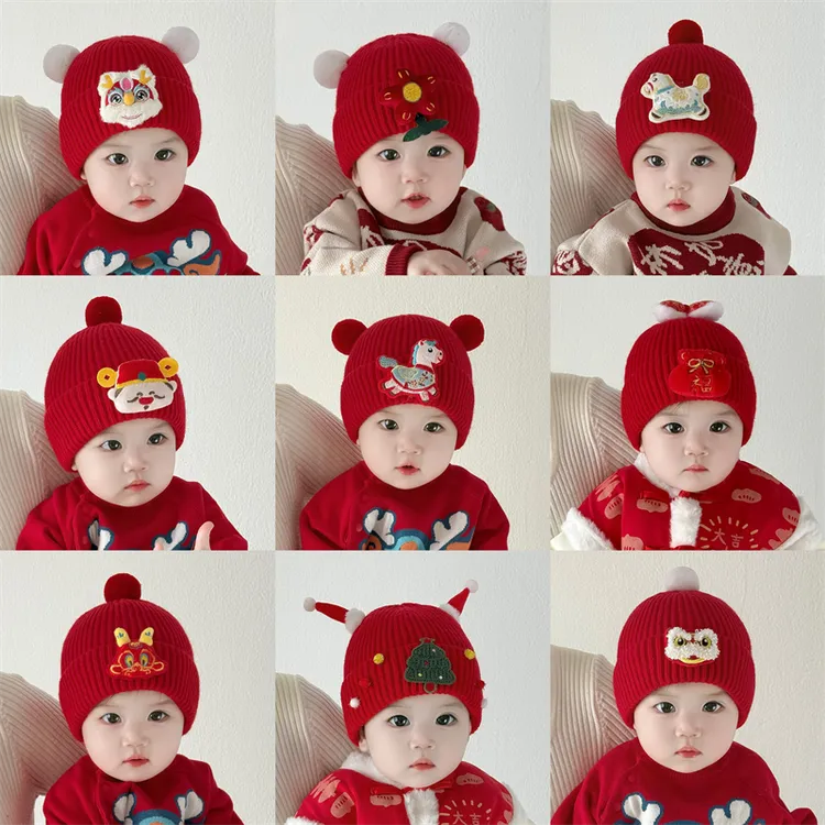 婴儿帽子秋冬季红色圣诞新年帽可爱保暖套头帽男女宝宝喜庆周岁帽