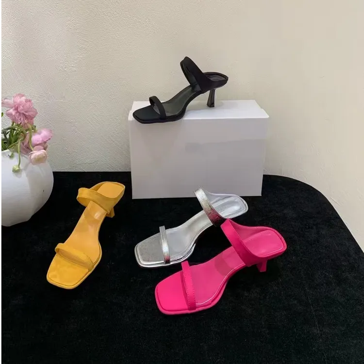 2025夏季网红新款性感高跟凉鞋女外穿黄色方头露趾一字带细跟凉拖