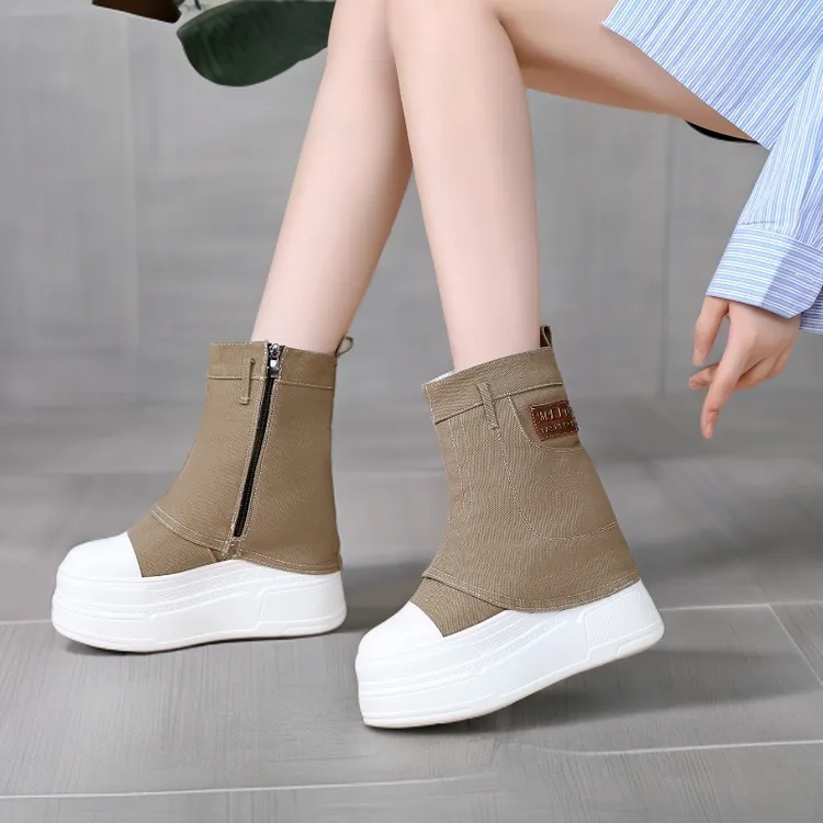 超高跟10-12CM秋冬新款隐形内增高短靴百搭厚底小白鞋帆布裤管靴