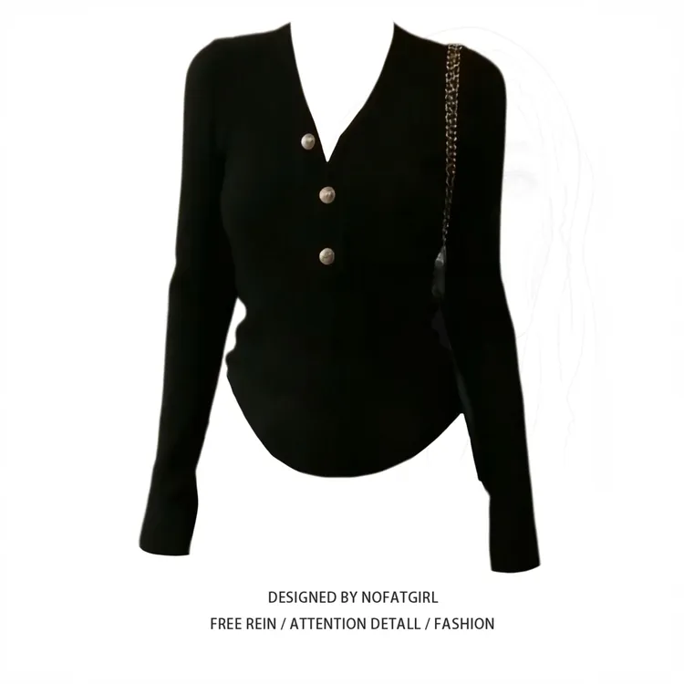 大码胖MM法式黑色小香风长袖V领纽扣针织衫女秋修身气质内搭上衣