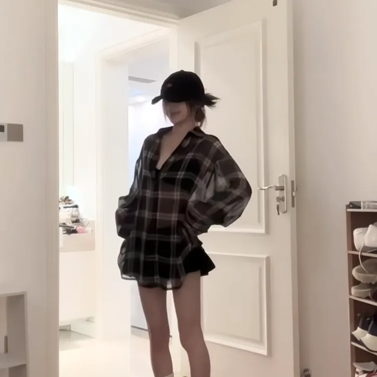 MARIE.COCO长袖薄款防晒衣格子衬衫小个子上衣潮高腰半身裙套装