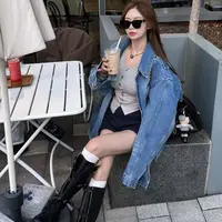 【YKL】摇曳旋律 花灰前扣修身长袖藏蓝针织短裤蓝色中长款牛仔外套