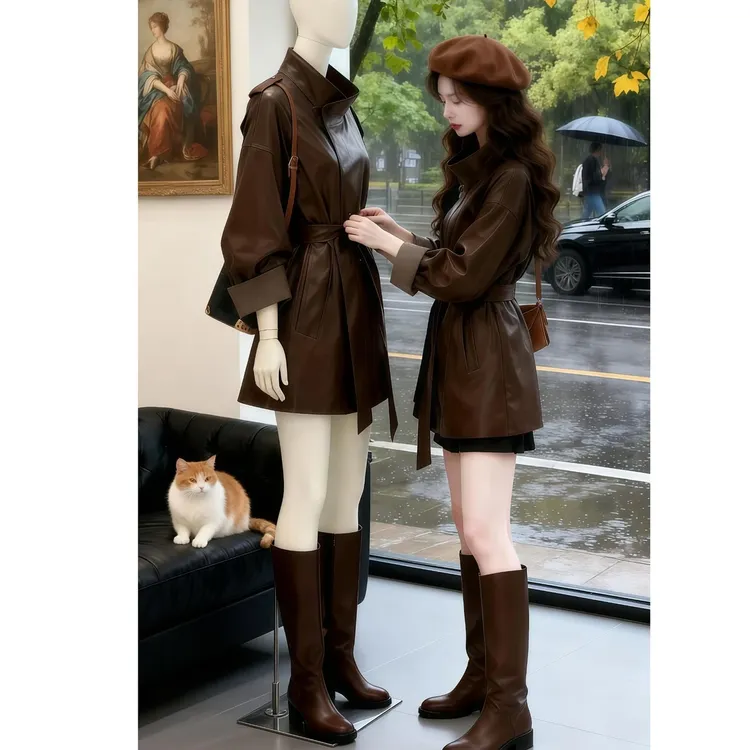 今年流行爆款独特漂亮上衣重要场合巨好看轻熟咖啡色皮衣外套女秋