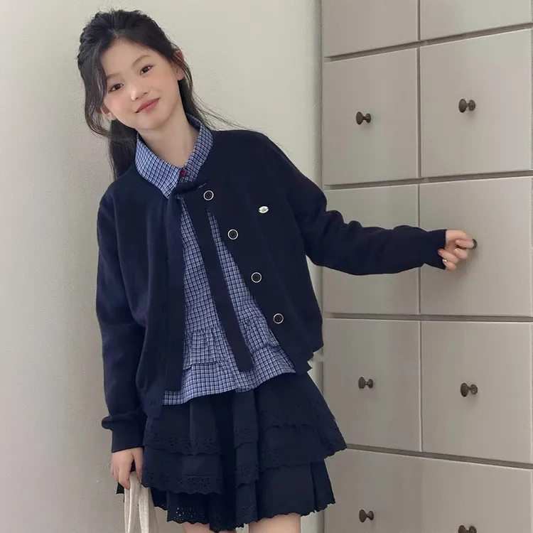 女童学院风套装春秋2025新款儿童秋装针织开衫女大童超好看三件套