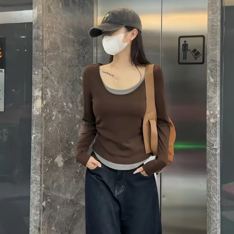 秋款上新圆领套头假两件上衣弹力修身长袖打底衫