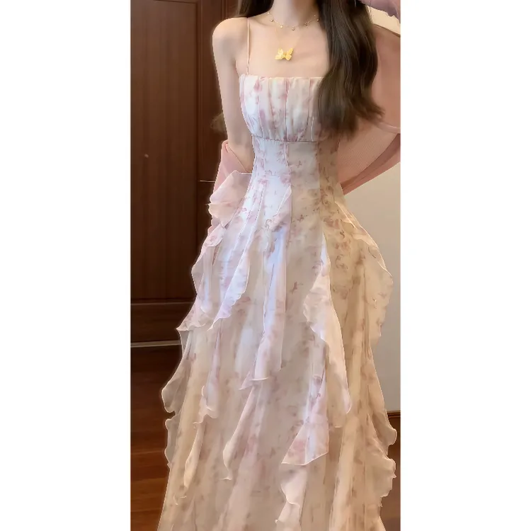 法式温柔绝美油画风荷叶边吊带连衣裙度假风长裙&防晒空调衫9678