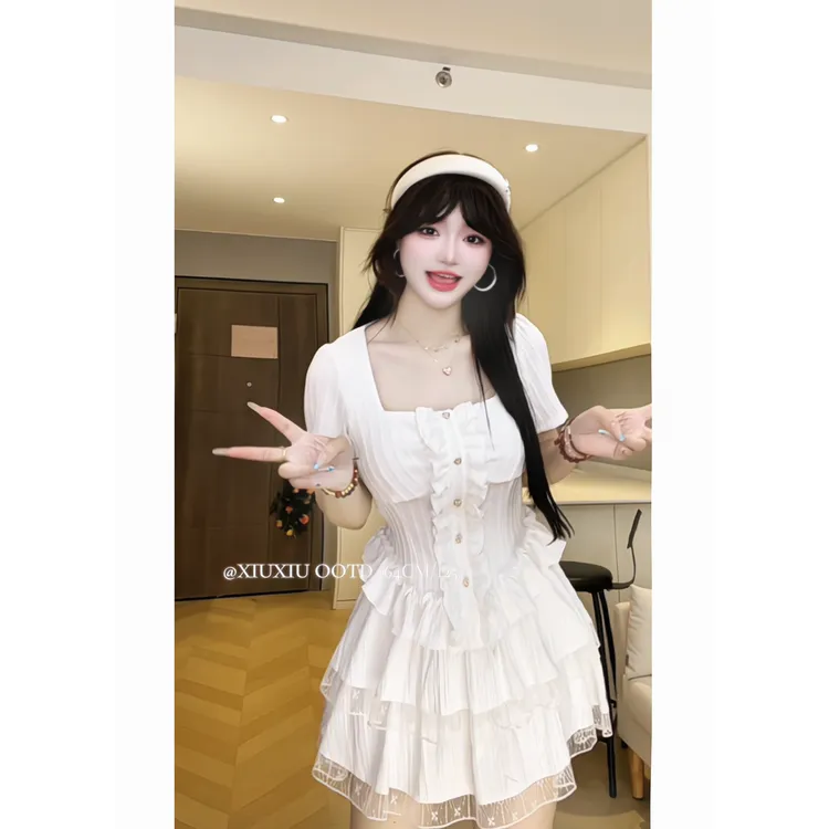 【初恋白月光】9608微胖夏季法式千金提花设计上衣t恤半身裙两件套