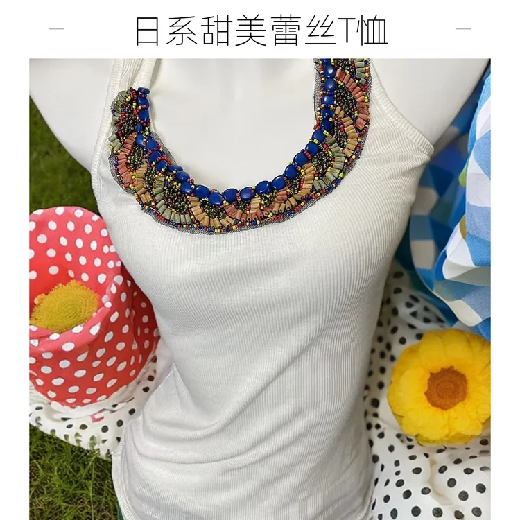 日制蕾丝钉珠印花女士百搭打底时尚性感甜美短款吊带和日制长裙