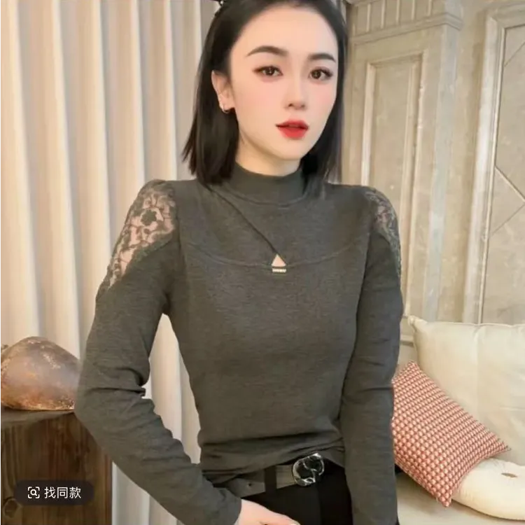 欧货时尚拼接半高领蕾丝镂空打底秋冬2024修身冬季新款显瘦上衣女