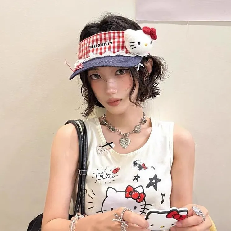可爱kitty猫蕾丝蝴蝶结空顶帽女夏季户外显脸小太阳遮阳防晒帽子