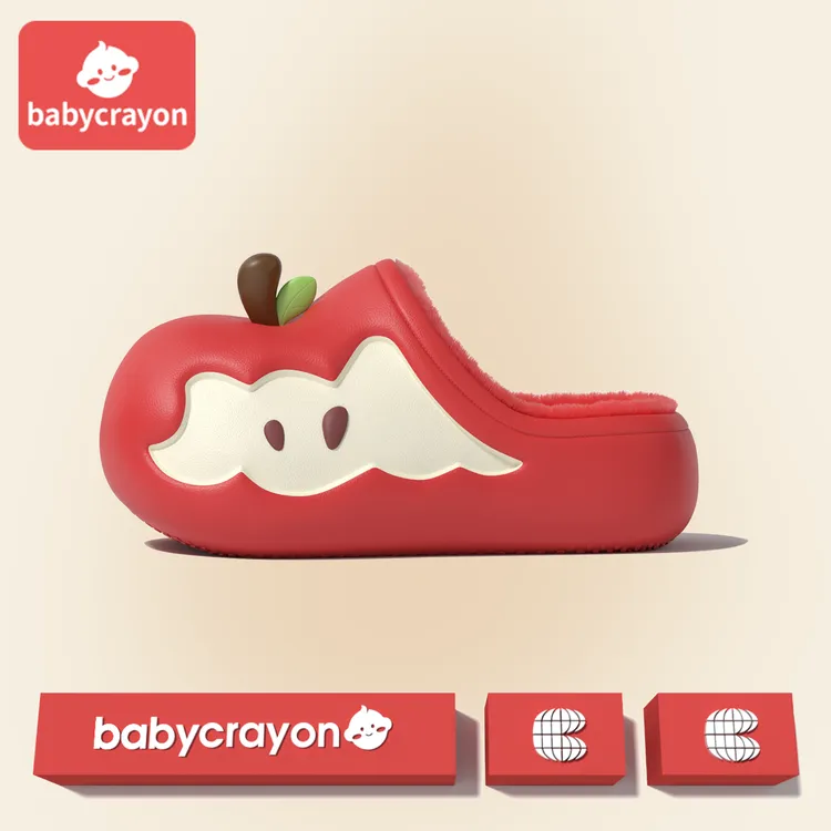 babycrayon原创苹果棉拖鞋儿童冬季室内保暖防水包头加绒拖鞋女童
